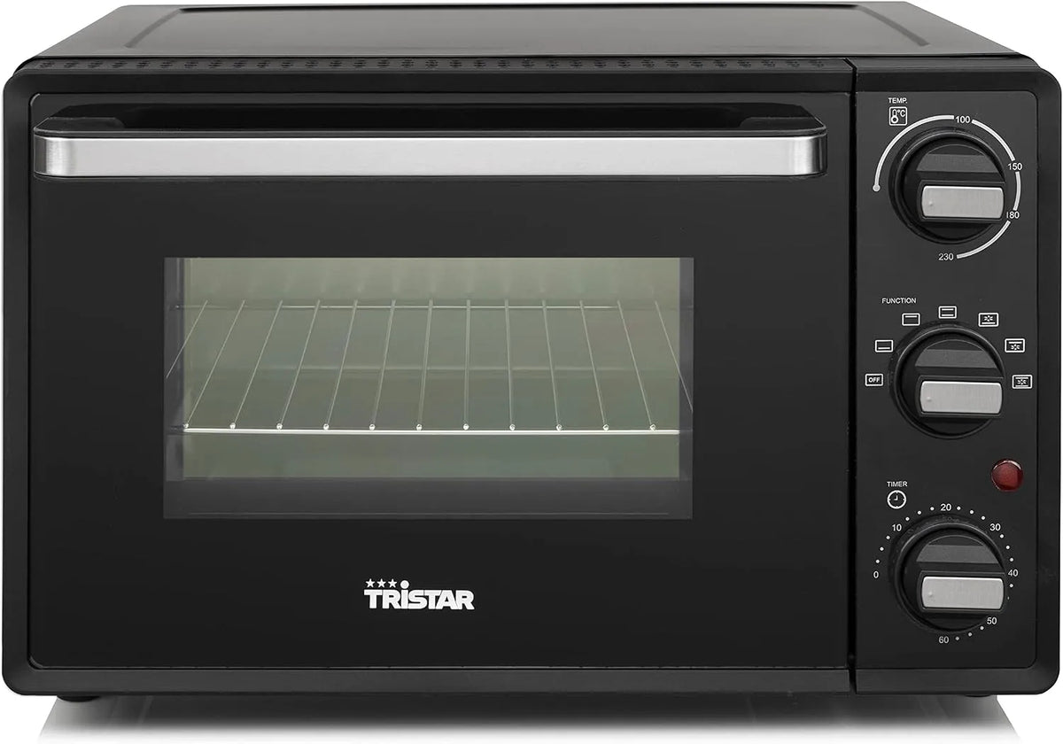 Backofen, 19 L, 800 W, Tristar OV-3622, Timer, Grill, Glas, Schwarz, Temperaturbereich bis 230°C, 800W, 19L Volumen, zum Campen geeignet, eine obere