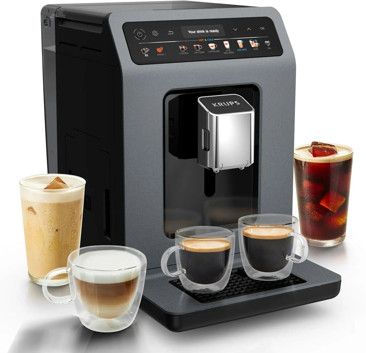 Krups EA898GF0 Kaffeevollautomat, Touch-Bedienung, One-Touch Cappuccino, 18 Getränkespezialitäten, automatischer Pflegezyklus, schnelle Aufwärmzeit