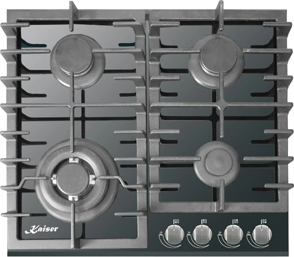 Gaskochfeld, 60cm, Einbau, autark, Gaskocher, 8 kW Wok mit Adapter, 4 flammig, Gas auf Schwarzem Glas, Erdgas
