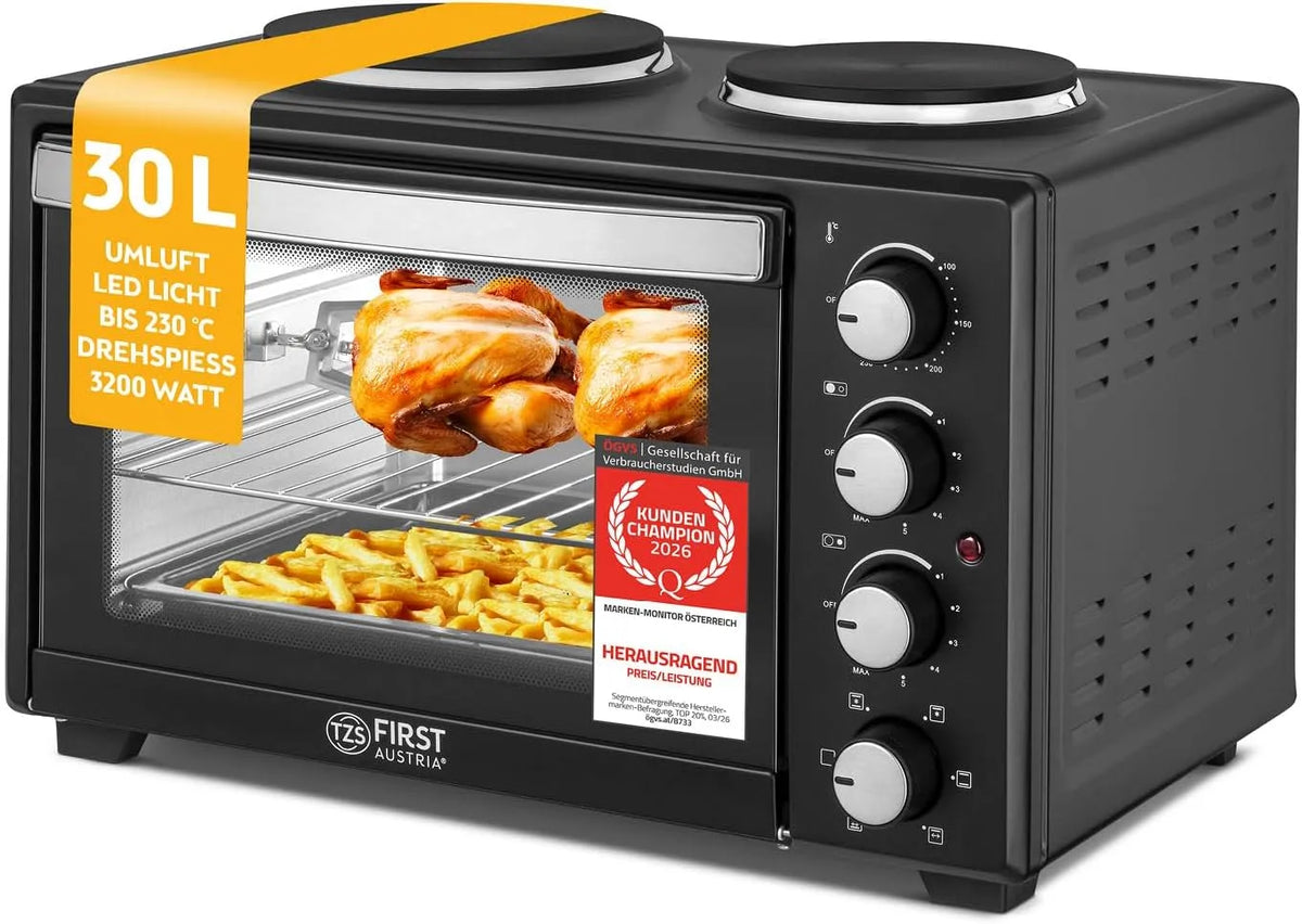 Elektrischer Pizzaofen, 30 L, 3200 W, kompakt, TZS First Austria, TZS First Austria - Minibackofen mit Kochplatten 30L 3200 W - Mini Backofen