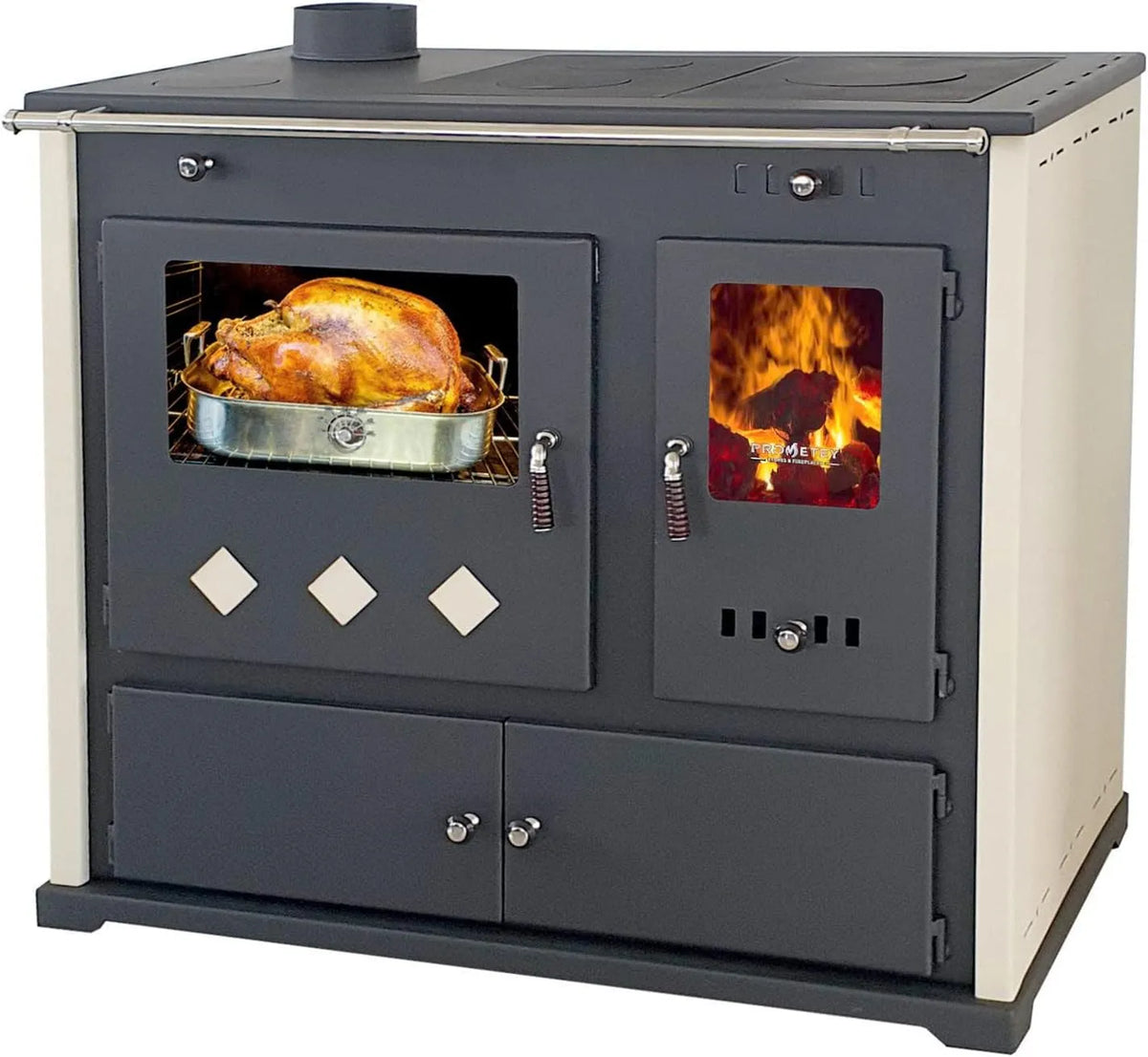 Produkt 5 kW Kamin Ofen Dauerbrandofen Werkstattofen Schwedenofen Hüttenofen Heizofen, Kaminofen mit Backfach und Herdplatte Pracktik Lux Beige LINKS