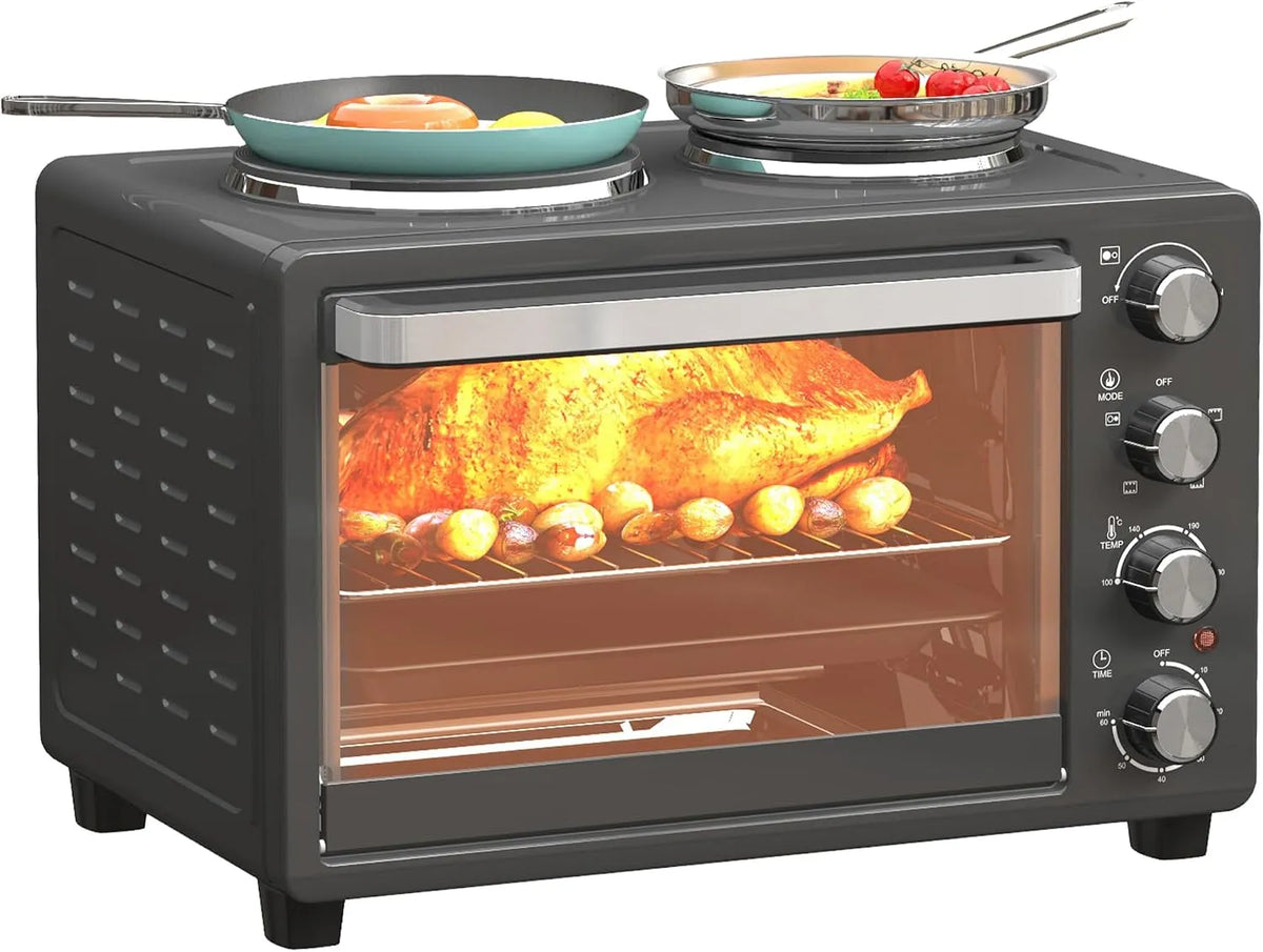 Backofen, 28 L, 2600 W, HOMCOM, Timer, Schwarz, HOMCOM Minibackofen 28 L 2600W mit 2 Kochplatten 60 Min. Timer Schwarz