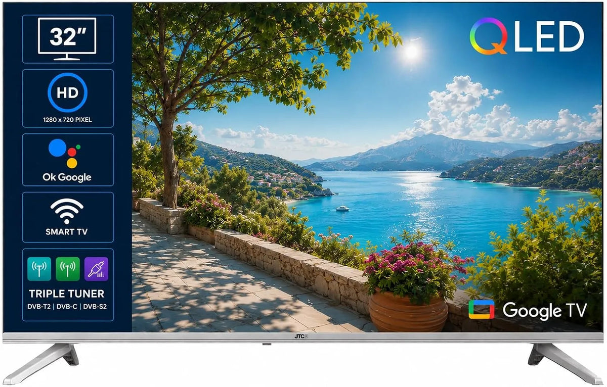 Google Zoll, 80 JTCSQ32H39330G Smart TV, 32 Zoll, Fernseher, QLED, Triple-Tuner DVB-T2, S2, Bluetooth, Android OS, Play Store, Google Sprachsteuerung