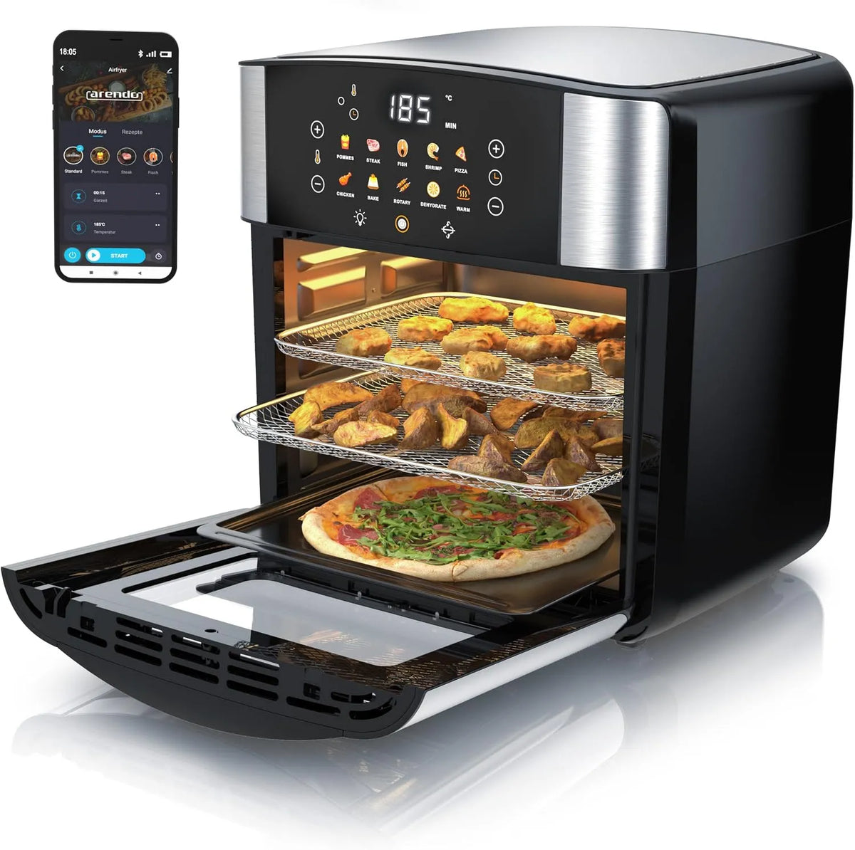 Elektrischer Pizzaofen, 16 L, Touch-Bedienung, WLAN, Grill, Pizza Hähnchen Pommes, BPA frei