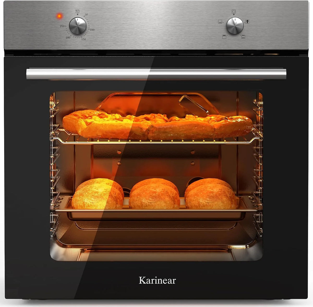 Backofen, 60 cm, 65 L, 2200 W, 4 Programme, Karinear, Einbau, Silber, 2200W, Karinear Einbaubackofen 60 cm 65L mit Stecker