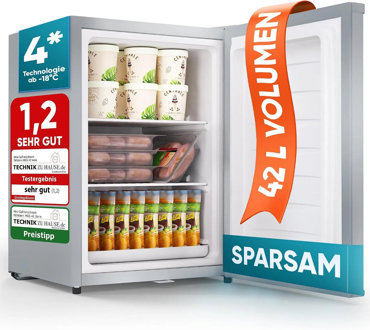 Gefrierschrank 4-Sterne, 42 L, Gefrierfach, Camping, Tiefkühlschrank, Silber, Türanschlag wechselbar, -18°C, Stillstern Mini Gefrierschrank, 42L