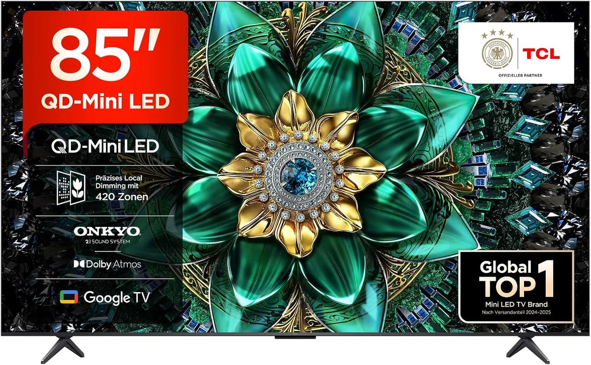 Google 85Q6C 1000nits Smart TV, 85 Zoll, 144 Hz, Fernseher, 4K UHD, HDR, Dolby Vision IQ & Atmos, 144Hz Motion Clarity Pro, Onkyo 2, Onkyo 2.1