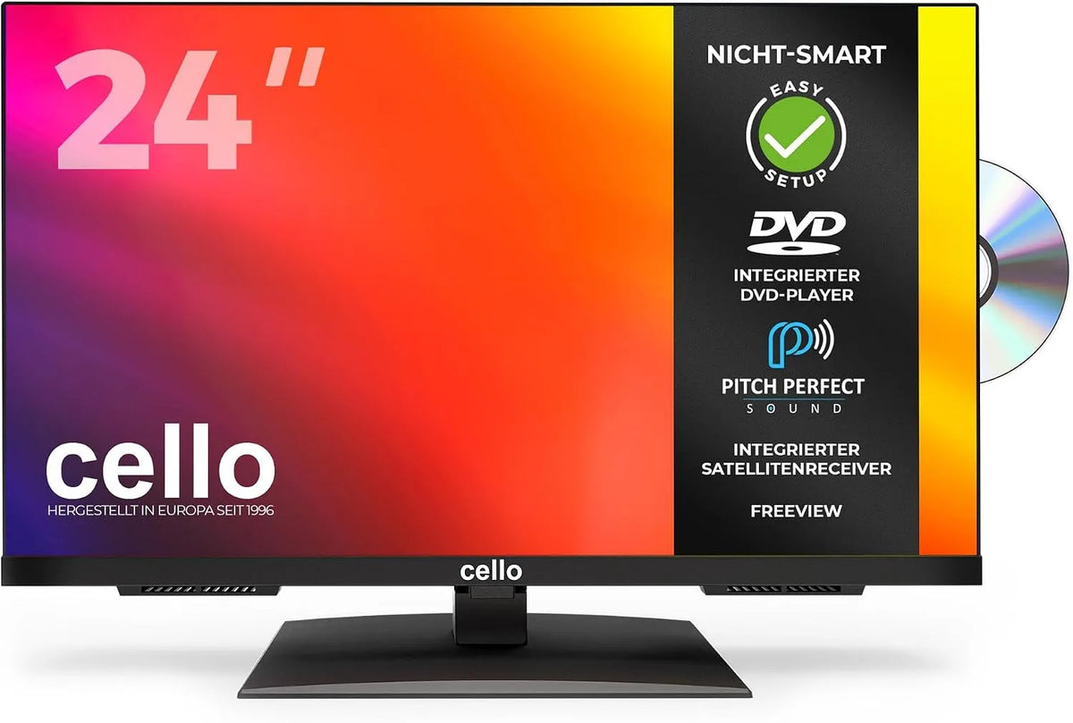 Smart TV, 24 Zoll, 230 V, Fernseher, Cello C2424F, HDMI, USB, Triple-Tuner DVB-C/S2, T2, USB-Aufnahme, Pitch Perfect Sound