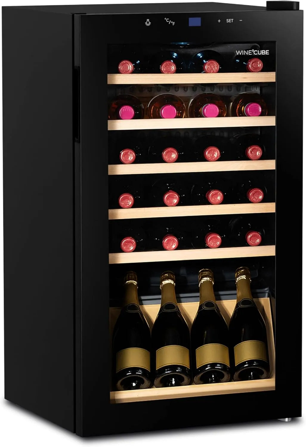 Weinkühlschrank, 90 L, 28 Flaschen, Glas, 90L, mit eleganter Glastür & Regalen aus Buchenholz