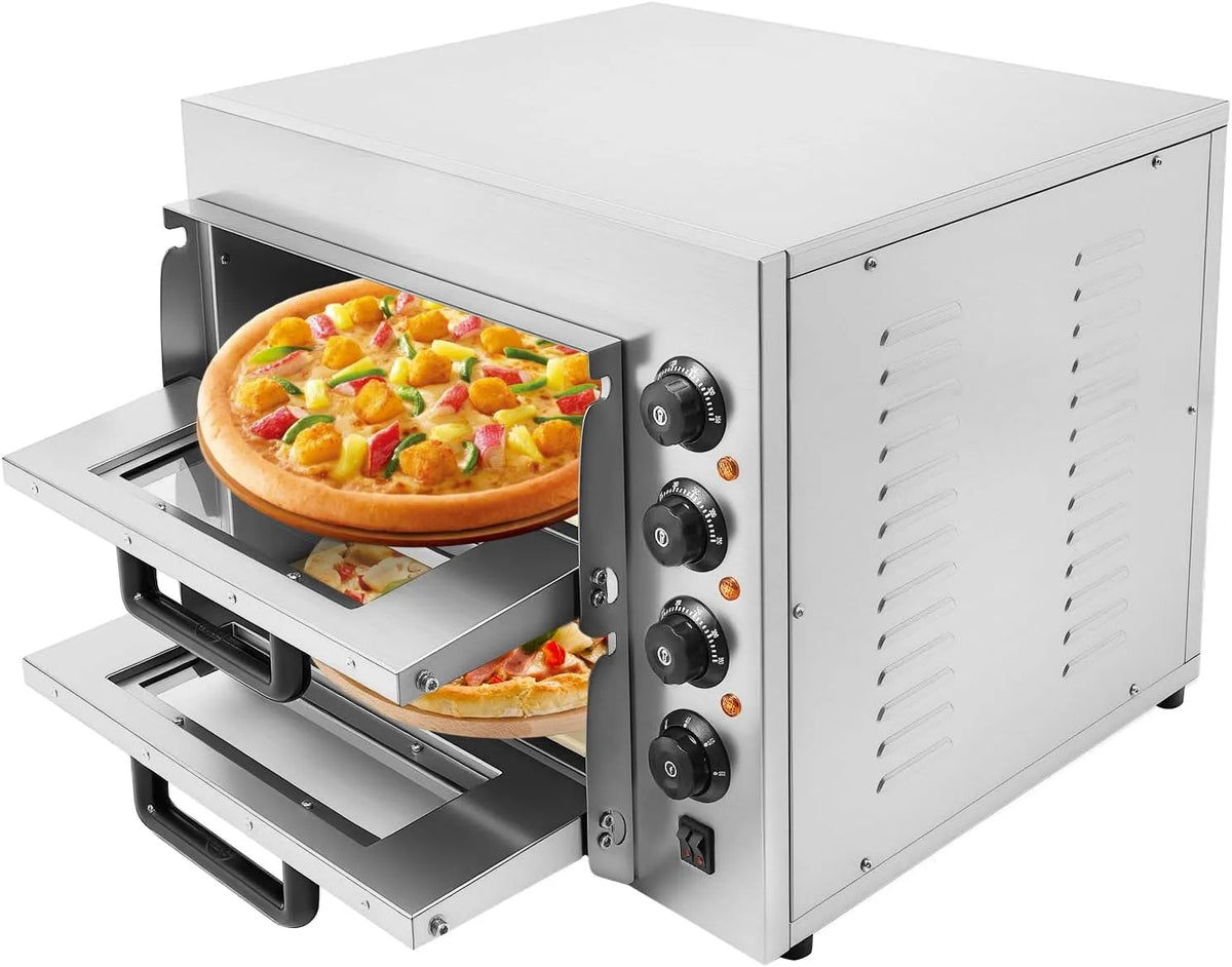 Elektrischer Pizzaofen, 20 L, Grill, Gebäck, Edelstahl, Kontrollleuchte und 90° Positionierungsschlitz, Erinnerungs-Ton, Pizza