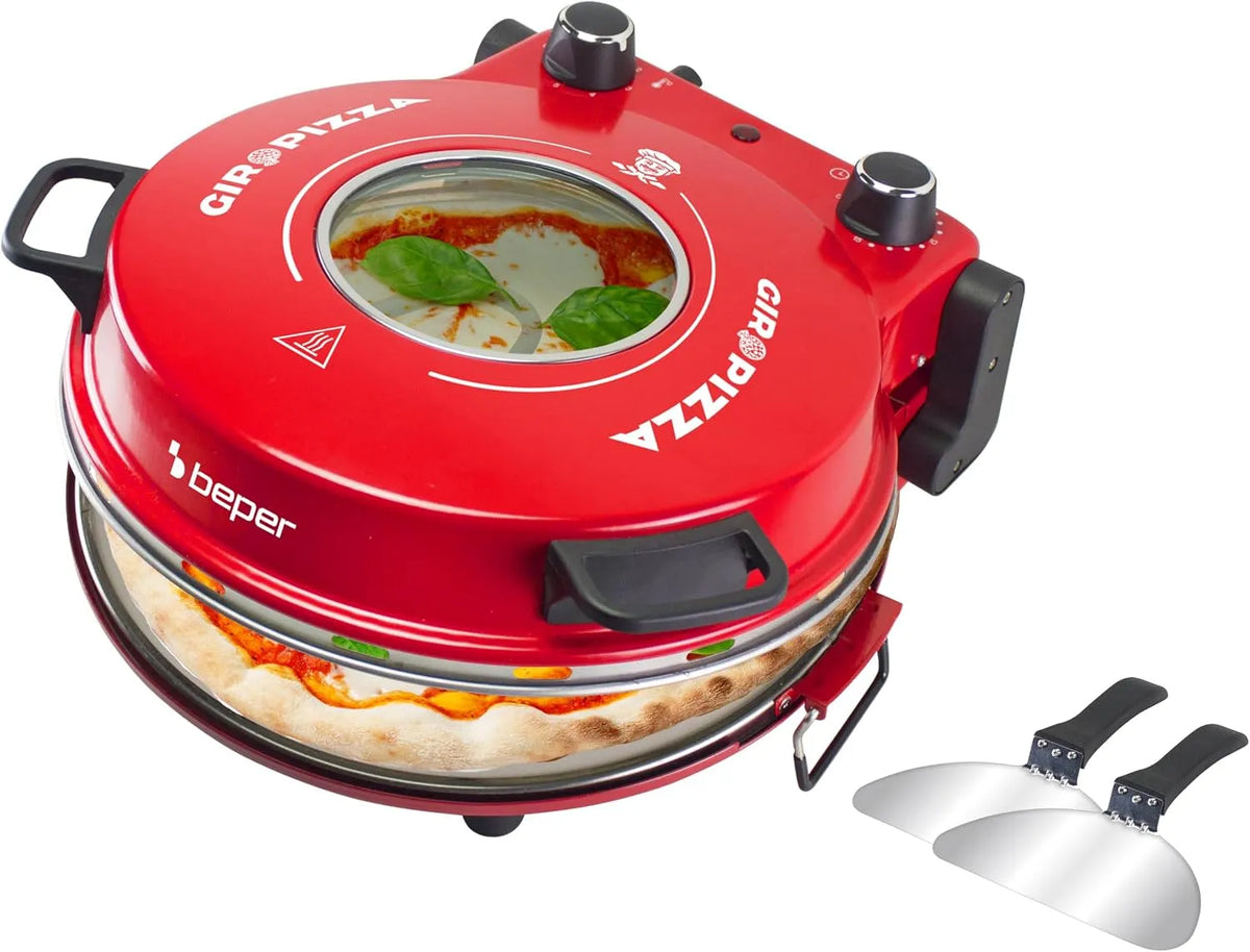 Elektrischer Pizzaofen, 31 cm, 1200 W, BEPER P101CUD301, herausnehmbar, 2 Temperaturzonen, Edelstahl, Rot, Temperatur 400°C, 1200W, Bullauge