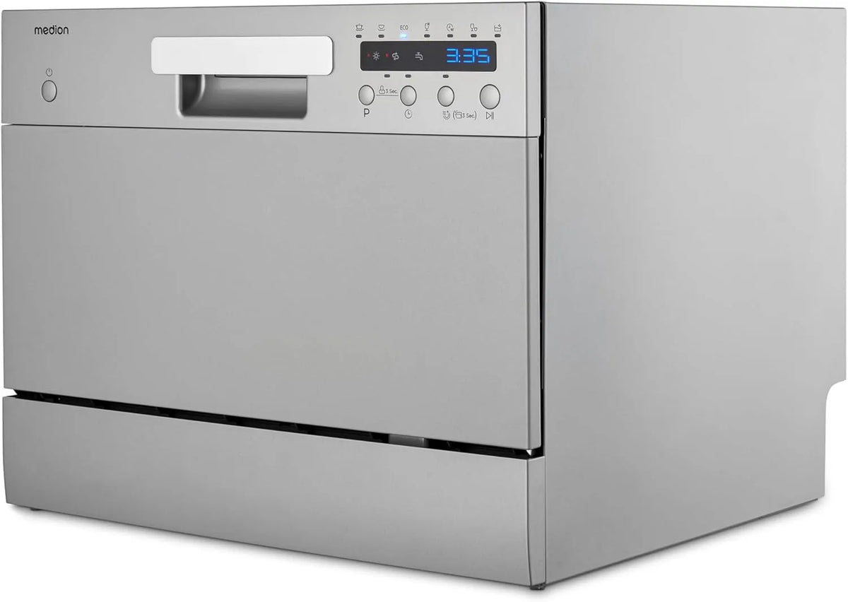 Geschirrspüler, 5 L, 7 Programme, MEDION DWT60 MD37496, aquaStop, Kindersicherung, Silber, LED Display, 6 Gedecke Fassungsvermögen, ECO Programm