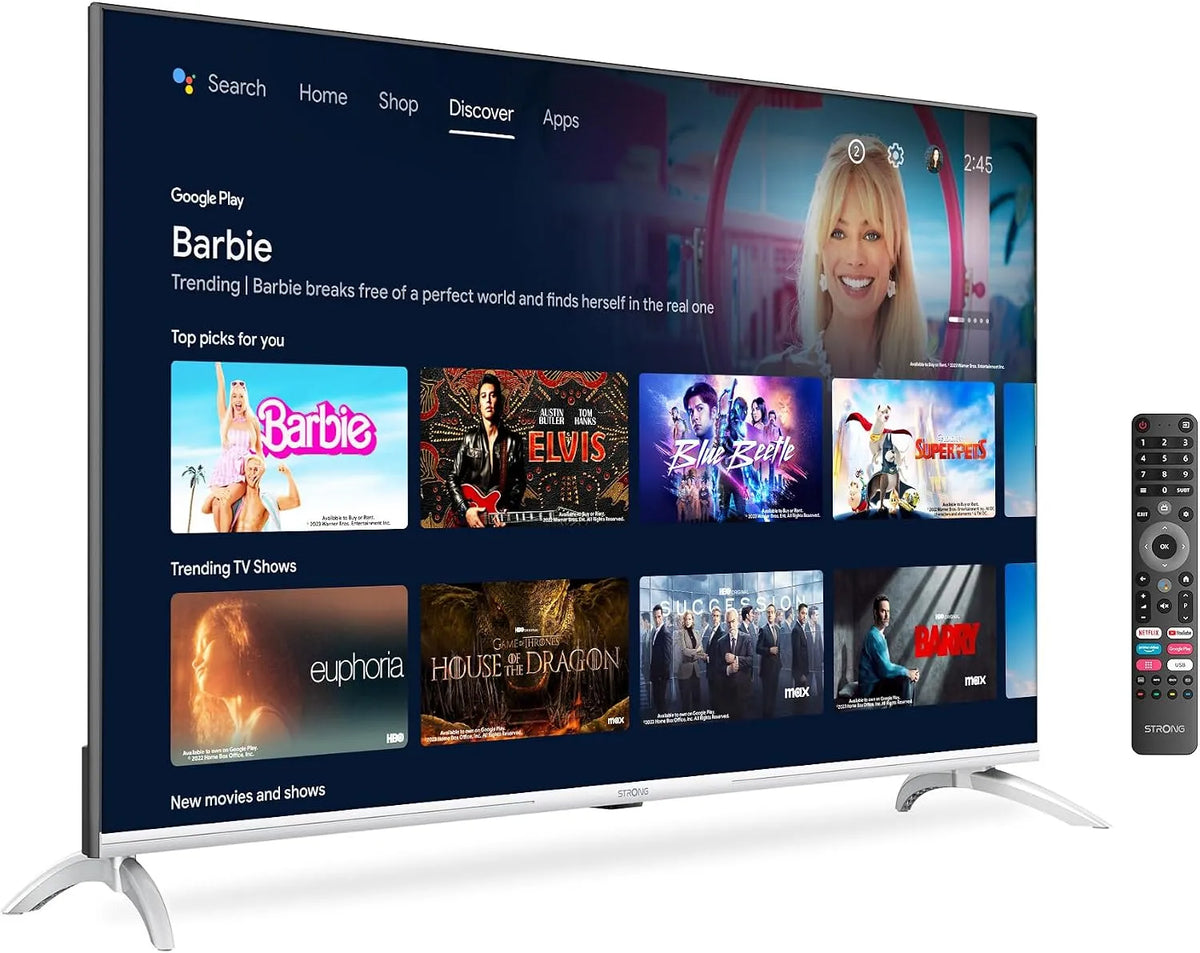 Smart TV, 43 Zoll, Fernseher, STRONG SRT43UD6593, Triple-Tuner DVB-T2, S2, App Store, 2023, 108 cm, DAZN, Mod. 2023, Prime Video, Netflix, YouTube