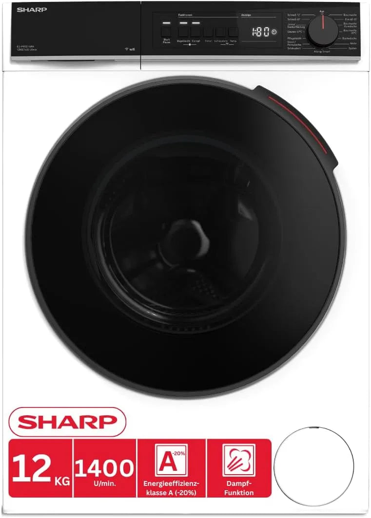 Sharp ES-PRO214WA-DE Waschmaschine, 12 kg, WLAN, Inverter, Dampf, aquaStop, Weiß, EEK A-20%, 1400 U/min, WiFi