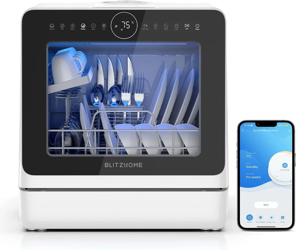 Geschirrspüler, Spülmaschine, BLITZHOME, App, BLITZHOME Mini Spülmaschine Tischgeschirrspüler Smart App-Steuerung