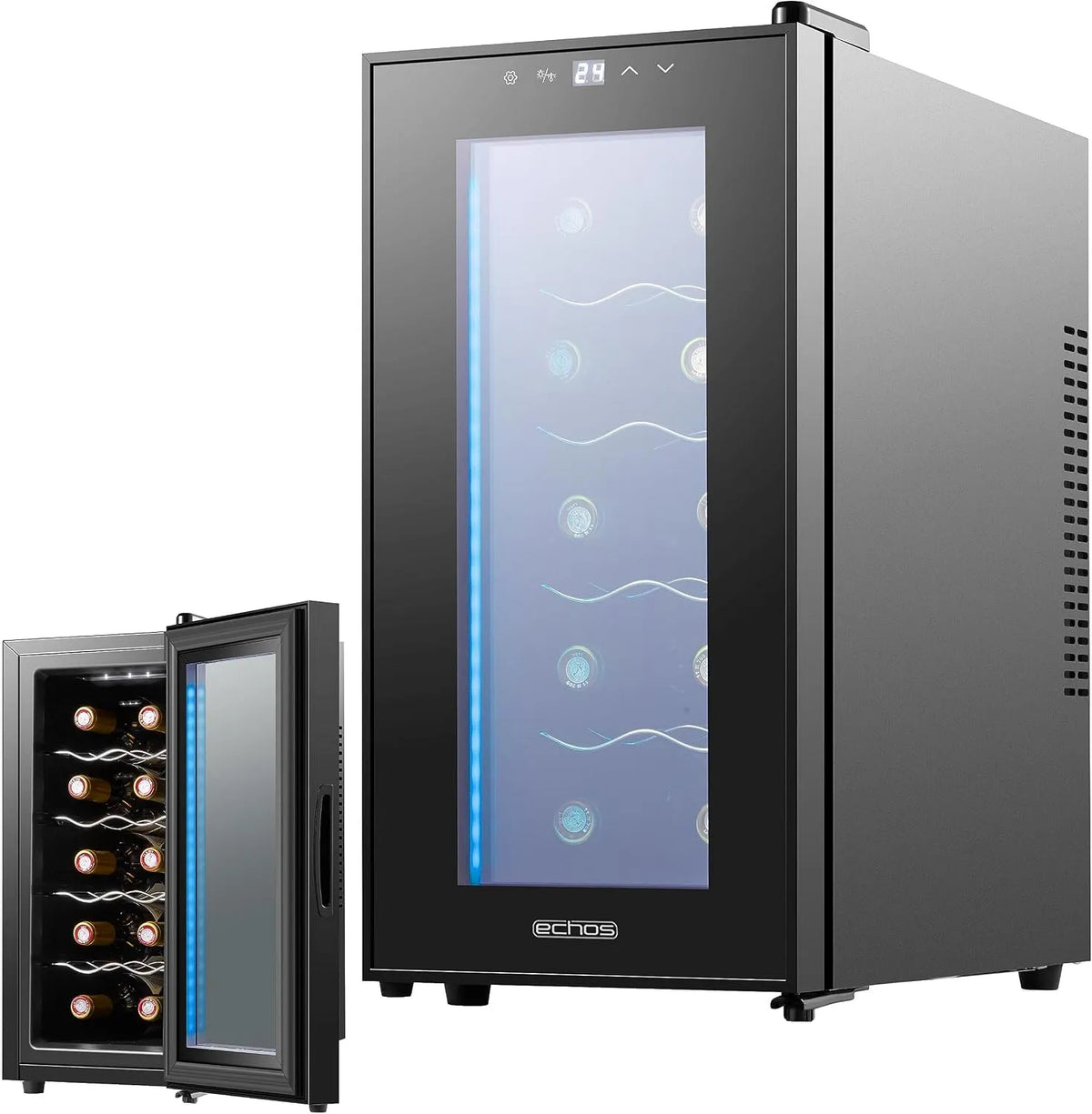 Weinkühlschrank, 28 L, 10 Flaschen, Weinkühler, LED-Beleuchtung, Glas