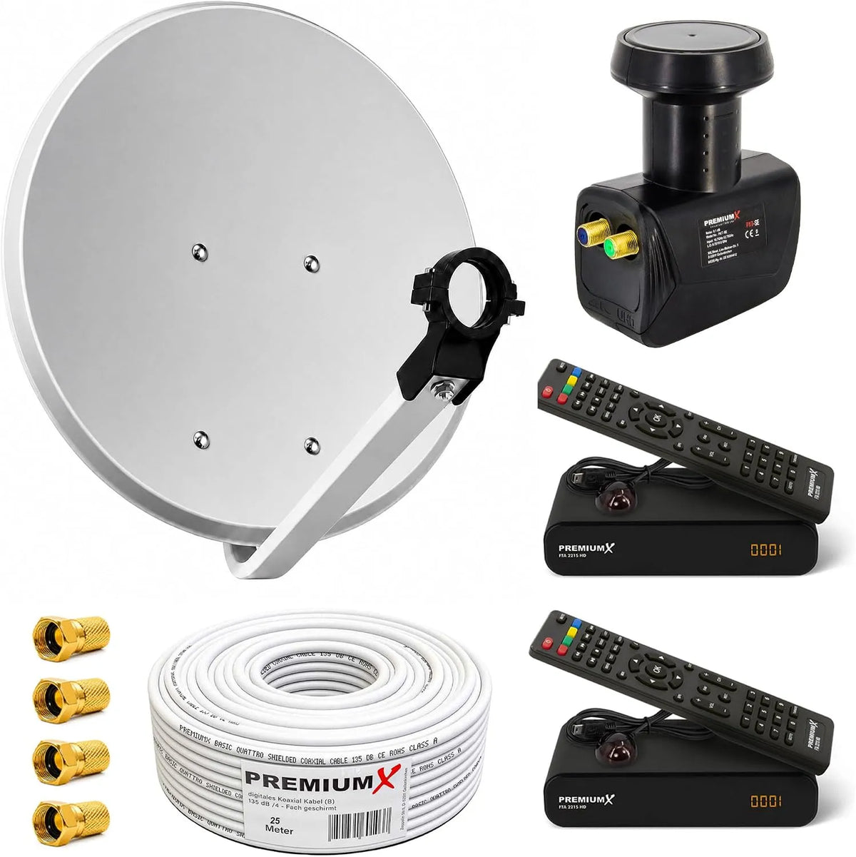 Satellitenreceiver 25m, 60cm, Premiumx Satelliten-Komplettanlage für 2 Teilnehmer 60cm Satellitenschüssel Twin LNB 25m Antennenkabel 2x TV