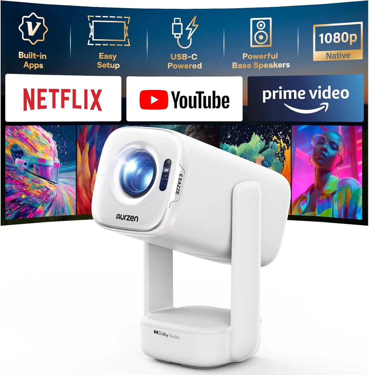 Projektor 1080P, USB, Beamer, Native 1080P, Aurzen D1 air Smart Beamer mit Netflix